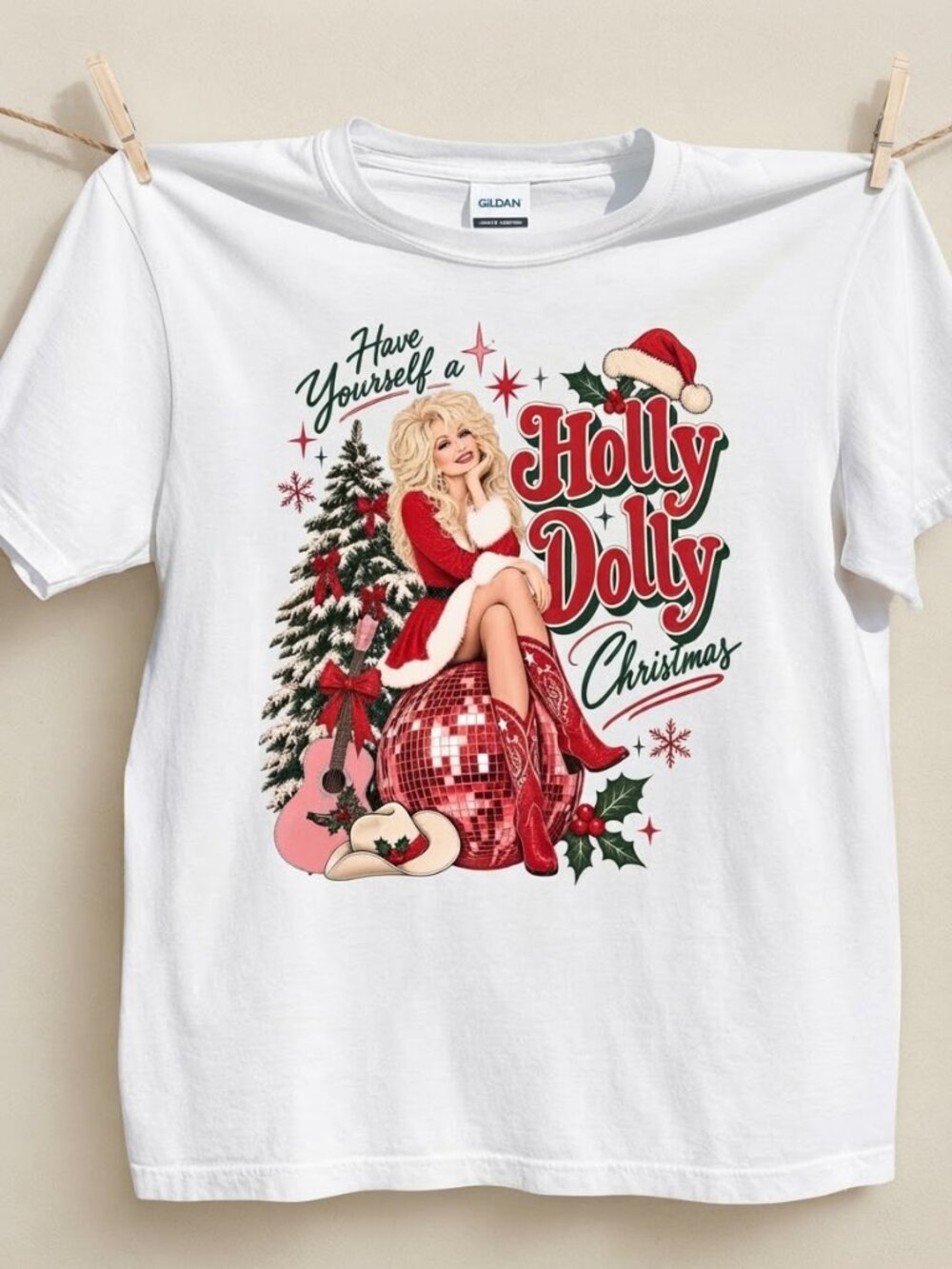 White 'Holly Dolly' Christmas Pinup Graphic Tee Gildan